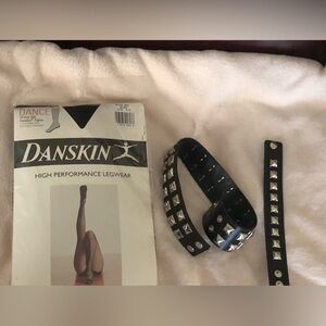 NWOT Black fishnet tights, leather gold studded necklace and matching bracelet